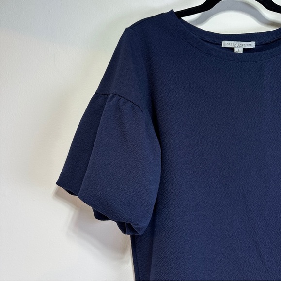 Green Envelope | Navy Puff-Sleeve Blouse – Structured Knit Top | Size L - Picture 3 of 8